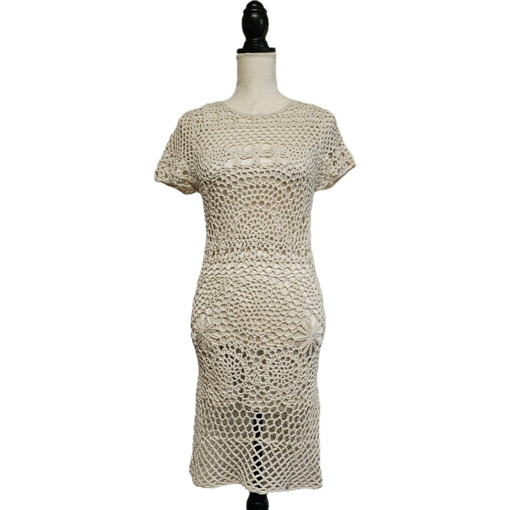 Zara Knit Ecru Cream Crochet Mini Dress With‎ Liner Size S Hippie Festival